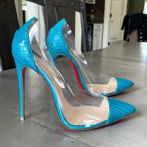 Christian Louboutin debout 120mm caraibes blue pvc stiletto watersnake pump 38.5